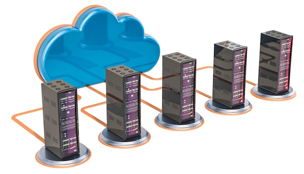 Concetto di connessione Internet Cloud di computer con rendering 3D di rack di server