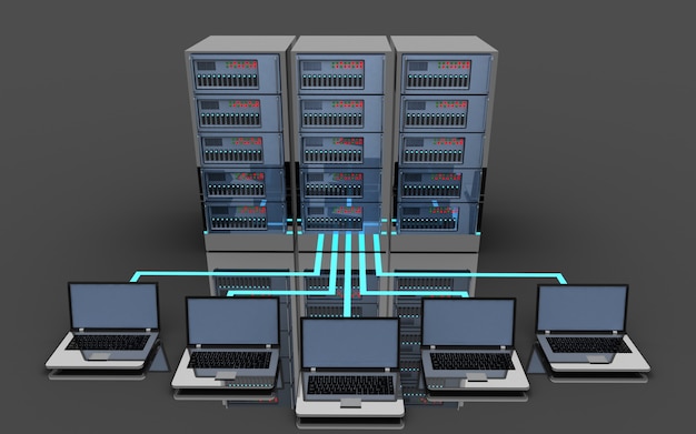 Concetto di connessione server laptop 3D. Illustrazione 3D