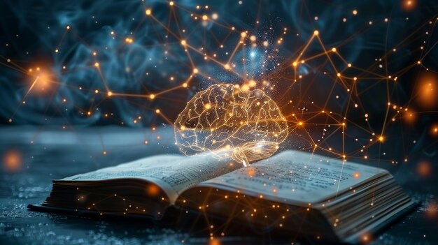 Concetto di conoscenza filosofia educazione con libro e cervello umano cervello elettronico è l'apprendimento