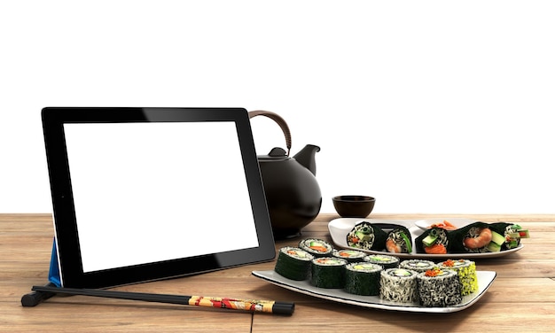 Concetto di consegna di cibo giapponese online con rotoli di sushi su un tablet elettronico e rendering 3d delle bacchette