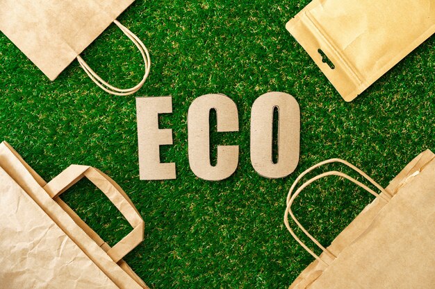 Concetto di consumo ecologico di sacchetto di carta artigianale eco