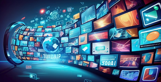 Concetto di contenuto digitale Servizio di social networking Streaming video NFT Token non fungibile Visuale grandangolare per banner o pubblicità