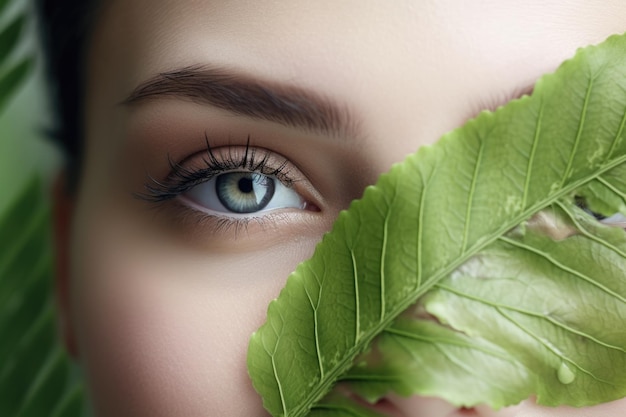 Concetto di cosmesi naturale Ritratto di una ragazza con una foglia verde in primo piano