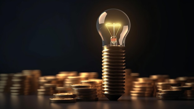 Concetto di costo energetico in aumento Lampadina in cima a una pila di monete d'oro IA generativa