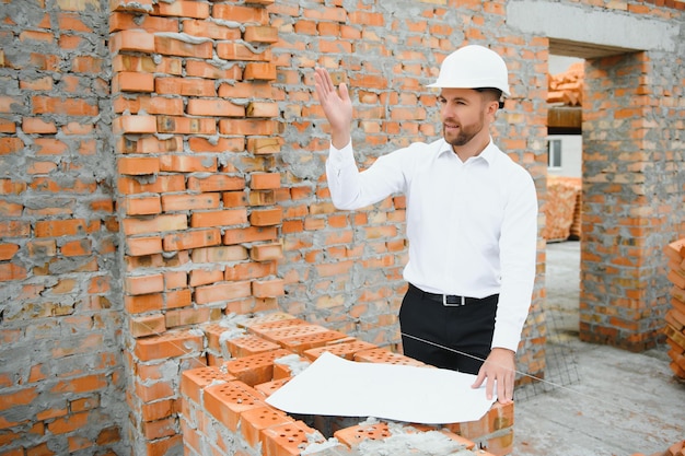 Concetto di costruzione dell'ingegnere che lavora al cantiere con stampa blu