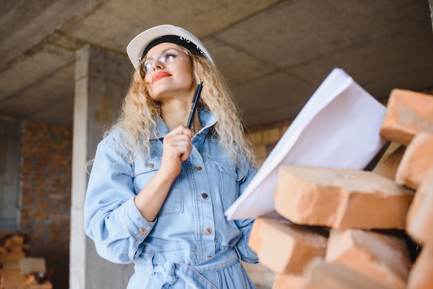 Concetto di costruzione. Generatore abbastanza femminile in tuta e casco lavorando sul cantiere.