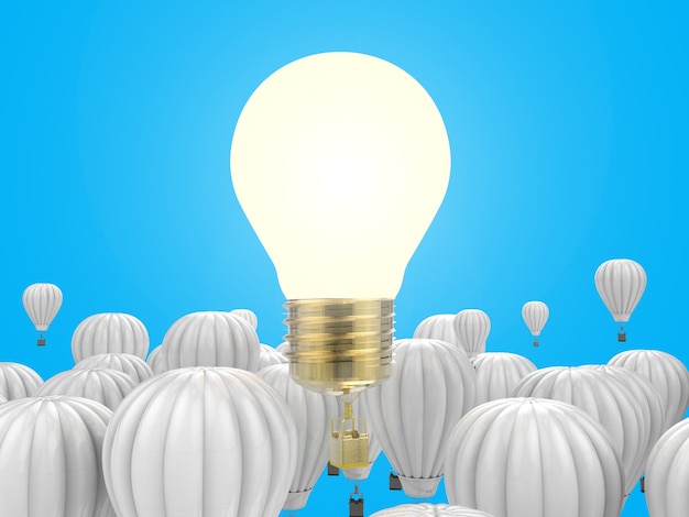 Concetto di creatività con 3d che rende la lampadina lucida sopra i palloni ad aria calda