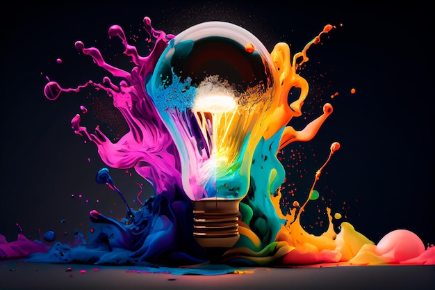 Concetto di creatività con lampadina realizzata con mix di colori ad olio Generative Ai