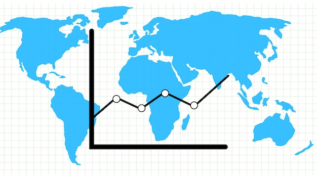 Concetto di crescita aziendale globale con una mappa del mondo e una sovrapposizione di grafici a tendenza ascendente