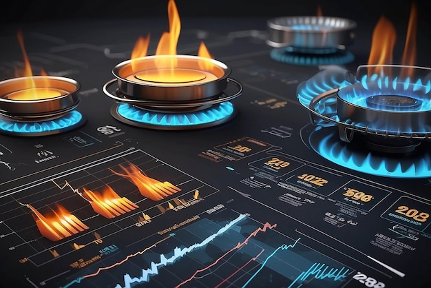 Concetto di crescita del costo del gas naturale con bruciatori di gas e grafici di scorte