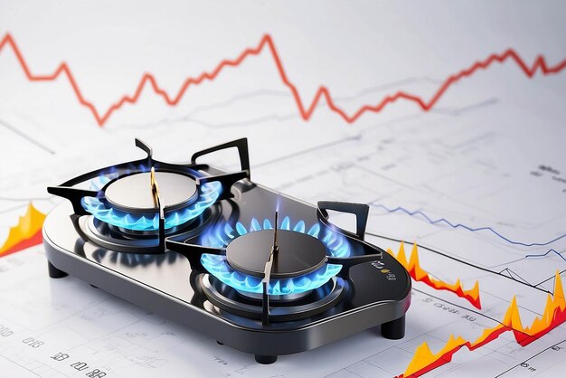 Concetto di crescita del costo del gas naturale con bruciatori di gas e grafici di scorte