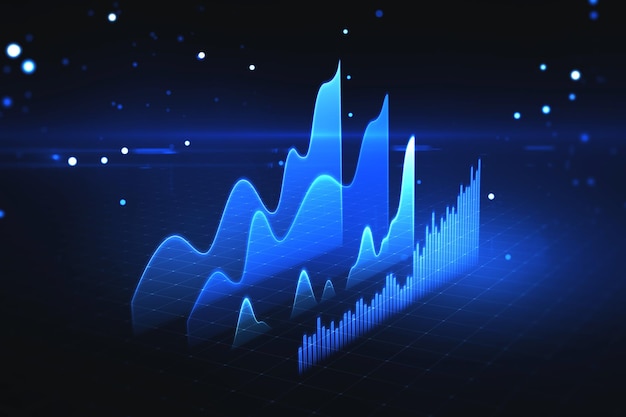 Concetto di crescita del mercato azionario e dell'economia con vista prospettica sul blu digitale che sale diagramma grafico finanziario e grafici su sfondo tecnologico scuro astratto rendering 3D