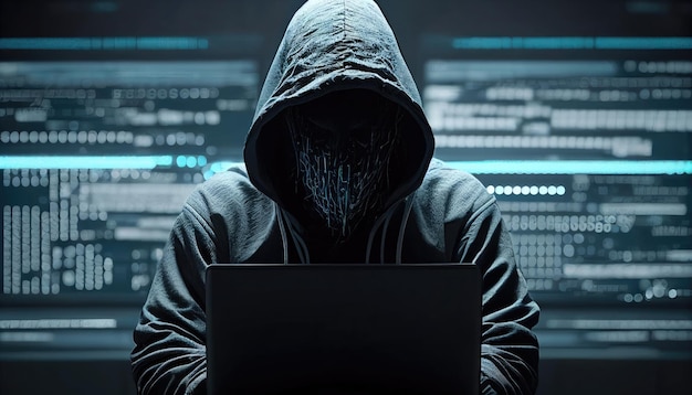 Concetto di criminalità informatica Hacker in una maschera scura