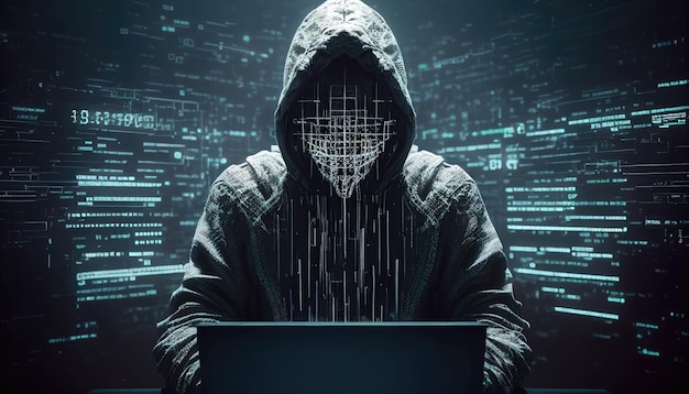 Concetto di criminalità informatica Hacker in una maschera scura