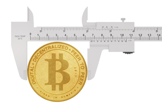 Concetto di criptovaluta e digitale. Calibro a corsoio con Golden Bitcoin su sfondo bianco. Rendering 3D