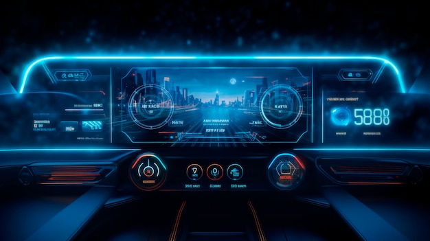 Concetto di cruscotto di auto futuristico autonomo con HUD e schermi ologrammi con volante di auto