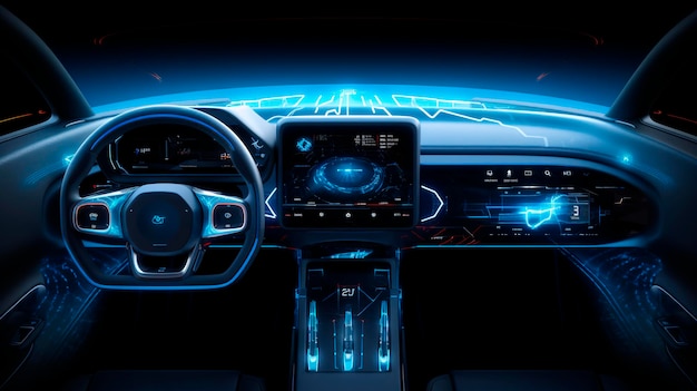 Concetto di cruscotto di auto futuristico autonomo con HUD e schermi ologrammi con volante di auto
