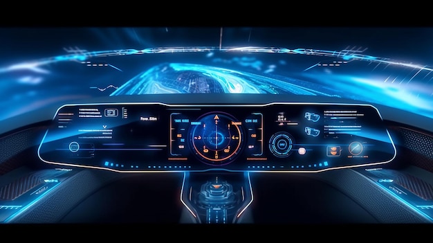 Concetto di cruscotto di auto futuristico autonomo con HUD e schermi ologrammi e sistema di infotainment