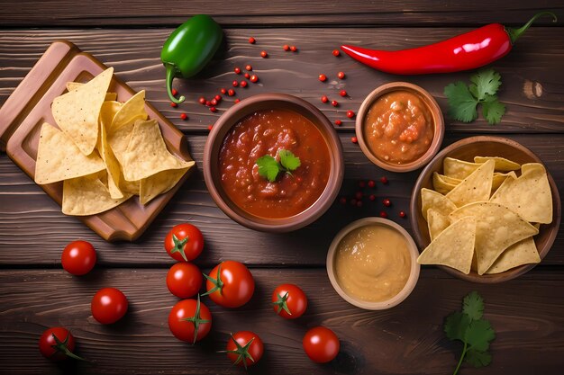 Concetto di cucina messicana Nachos pomodorini gialli di mais su uno sfondo di legno