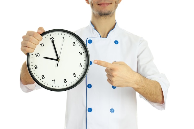 Concetto di cucinare chef con orologio isolato su sfondo bianco