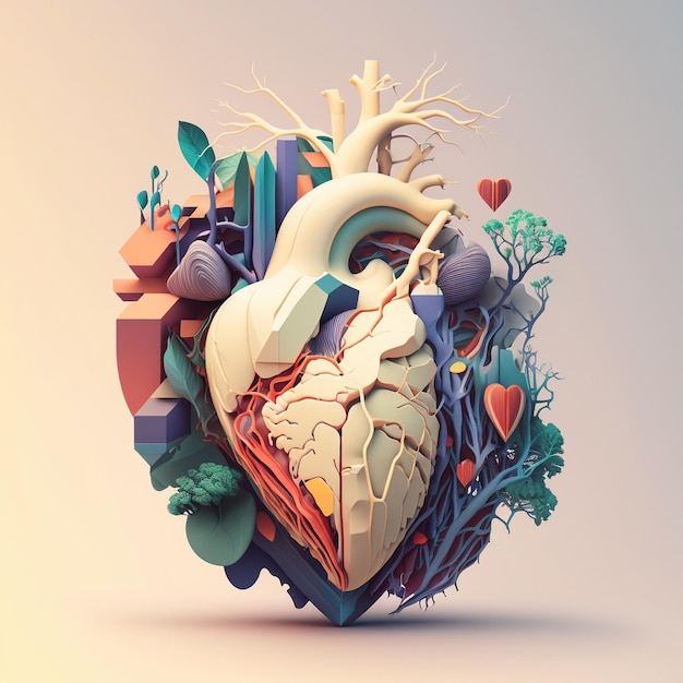 Concetto di cura del cuore Illustrazione stilizzata astratta Anatomia e fisiologia cardiaca Organo artificiale Giornata mondiale del cuore AI Generato