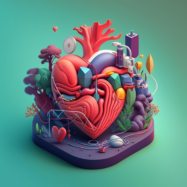 Concetto di cura del cuore Illustrazione stilizzata astratta Anatomia e fisiologia cardiaca Organo artificiale Giornata mondiale del cuore AI Generato