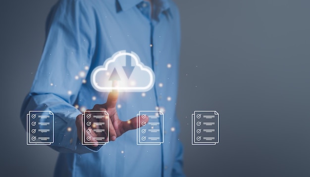 Concetto di dati di scambio di informazioni sulla tecnologia di archiviazione cloud Sistema digitale per il trasferimento di documenti Sicurezza del server Backup e copia di dati o file ricevitore
