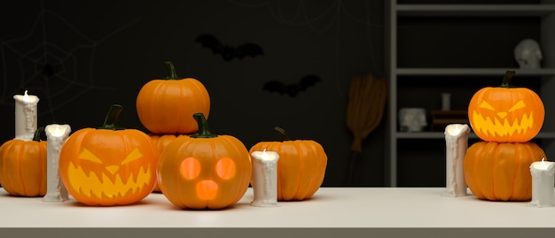 Concetto di decorazione di Halloween con lampade di zucca e candele sul rendering 3D del tavolo