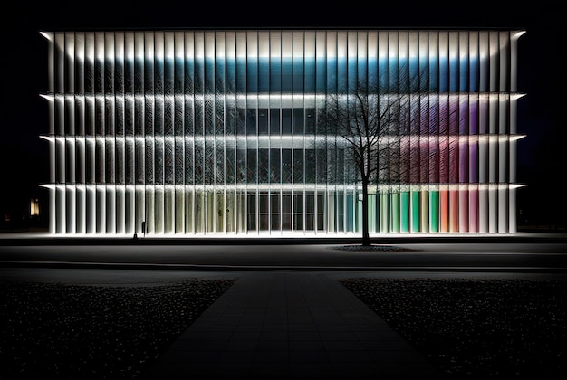 Concetto di design esterno con vetrate colorate in un edificio moderno di notte