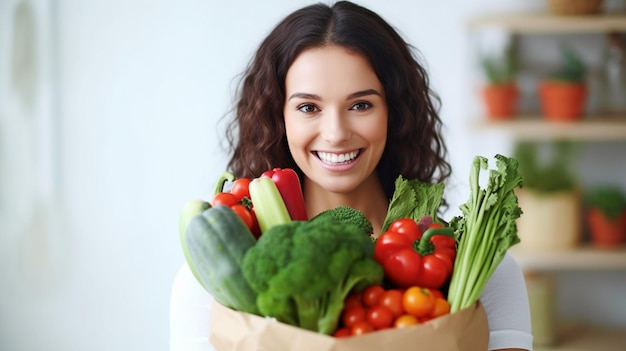 Concetto di dieta Giovane donna felice con le verdure nel sacchetto della spesa IA generativa