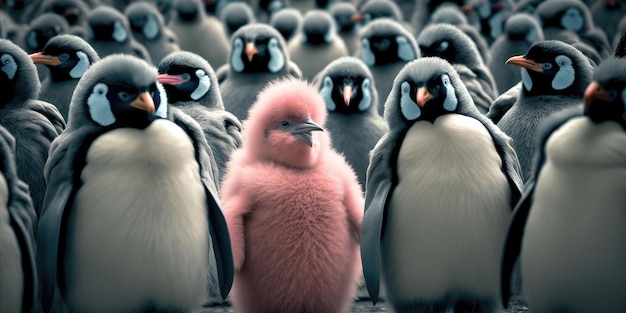 Concetto di differenza mostrato da uno straordinario pinguino in piedi fuori dalla folla
