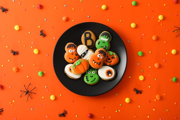 Concetto di dolci di Halloween dolci divertenti vista dall'alto