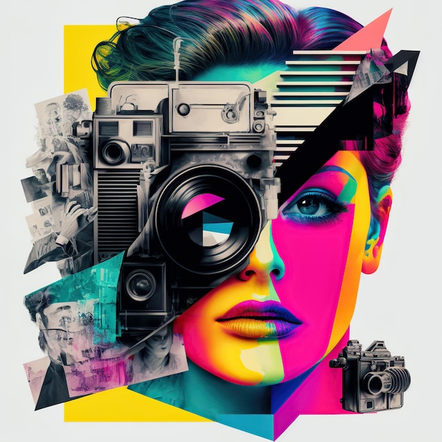 Concetto di donna creativa Collage d'arte in stile anni '80 IA generativa
