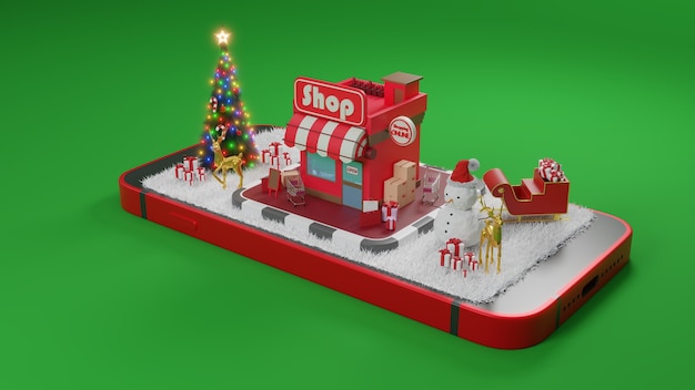 Concetto di e-commerce a Natale o Capodanno Shopping online su applicazione mobile 3d rendering