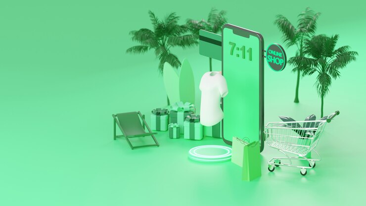 Concetto di e-commerce in estate, shopping online e servizio di consegna su applicazione mobile, trasporto o consegna di cibo in scooter, rendering 3d.