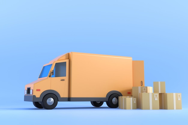 Concetto di e-commerce, servizio di consegna su applicazione mobile, consegna del trasporto su camion, 3d ill