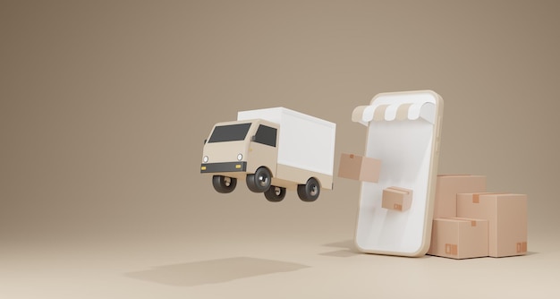 Concetto di e-commerce Servizio di consegna su applicazione mobile Consegna del trasporto su camion