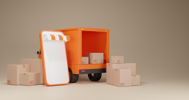 Concetto di e-commerce Servizio di consegna su applicazione mobile Consegna del trasporto tramite camion rendering 3d