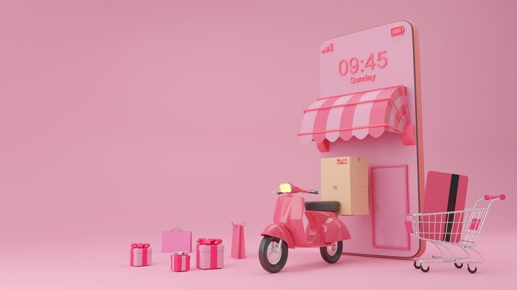 Concetto di e-commerce, shopping online e servizio di consegna su applicazione mobile, trasporto o consegna di cibo in scooter, rendering 3d.