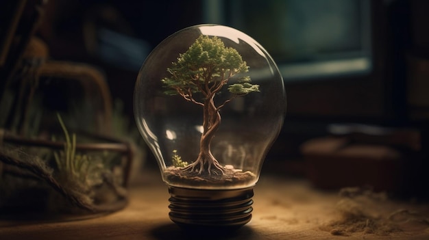 Concetto di ecologia con albero che cresce all'interno della lampadina nella sabbiagenerativa ai