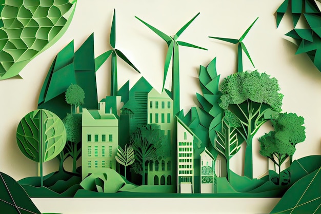Concetto di ecologia con sfondo di eco-città verdeConservazione dell'ambiente risorsa sostenibile Genera