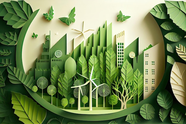 Concetto di ecologia con sfondo di eco-città verdeConservazione dell'ambiente risorsa sostenibile Genera