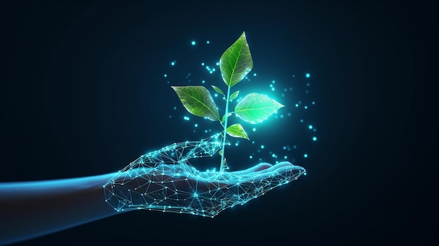 Concetto di economia sostenibile Abstract Digital HandHolding Plant su sfondo blu tecnologico