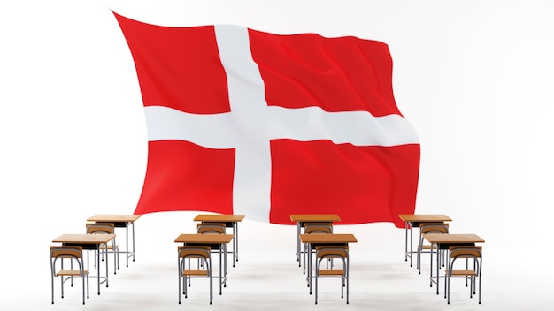 Concetto di educazione. 3d di scrivanie e bandiera della Danimarca su sfondo bianco.