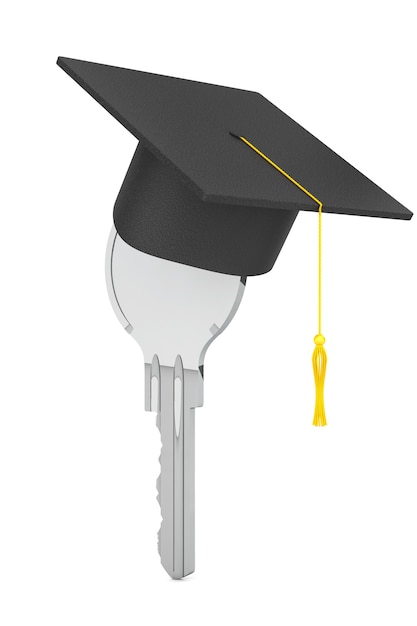 Concetto di educazione. Chiave con cappello di laurea su sfondo bianco. Rendering 3D