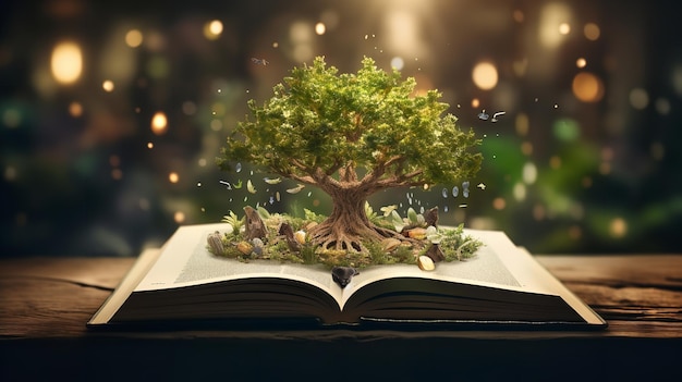 Concetto di educazione con la piantazione di un albero della conoscenza e l'apertura di un grande libro vecchio in una biblioteca IA generativa