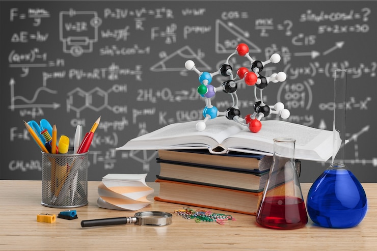 Foto concetto di educazione - libri e attrezzature scientifiche