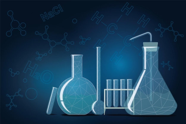 Concetto di educazione scientifica chimica con illustrazione di boccette di vetro su carta da parati scura con formule