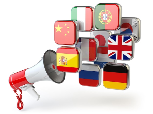 Concetto di elearning o traduttore online Apprendimento delle lingue online Megafono e bandiere