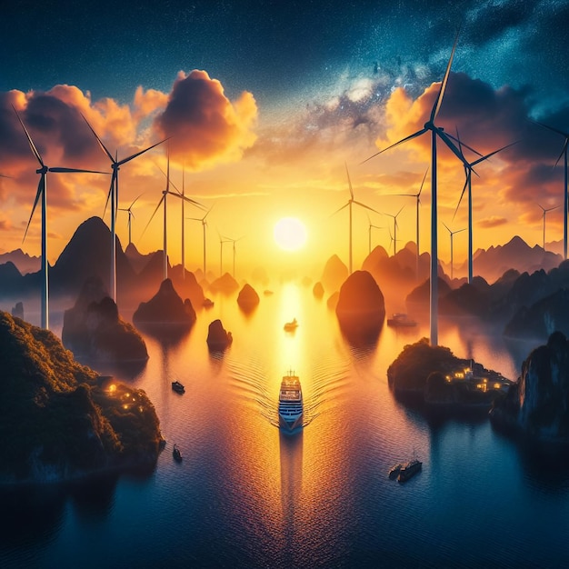 Concetto di energia elettrica alternativa con mulini a vento sullo sfondo del tramonto